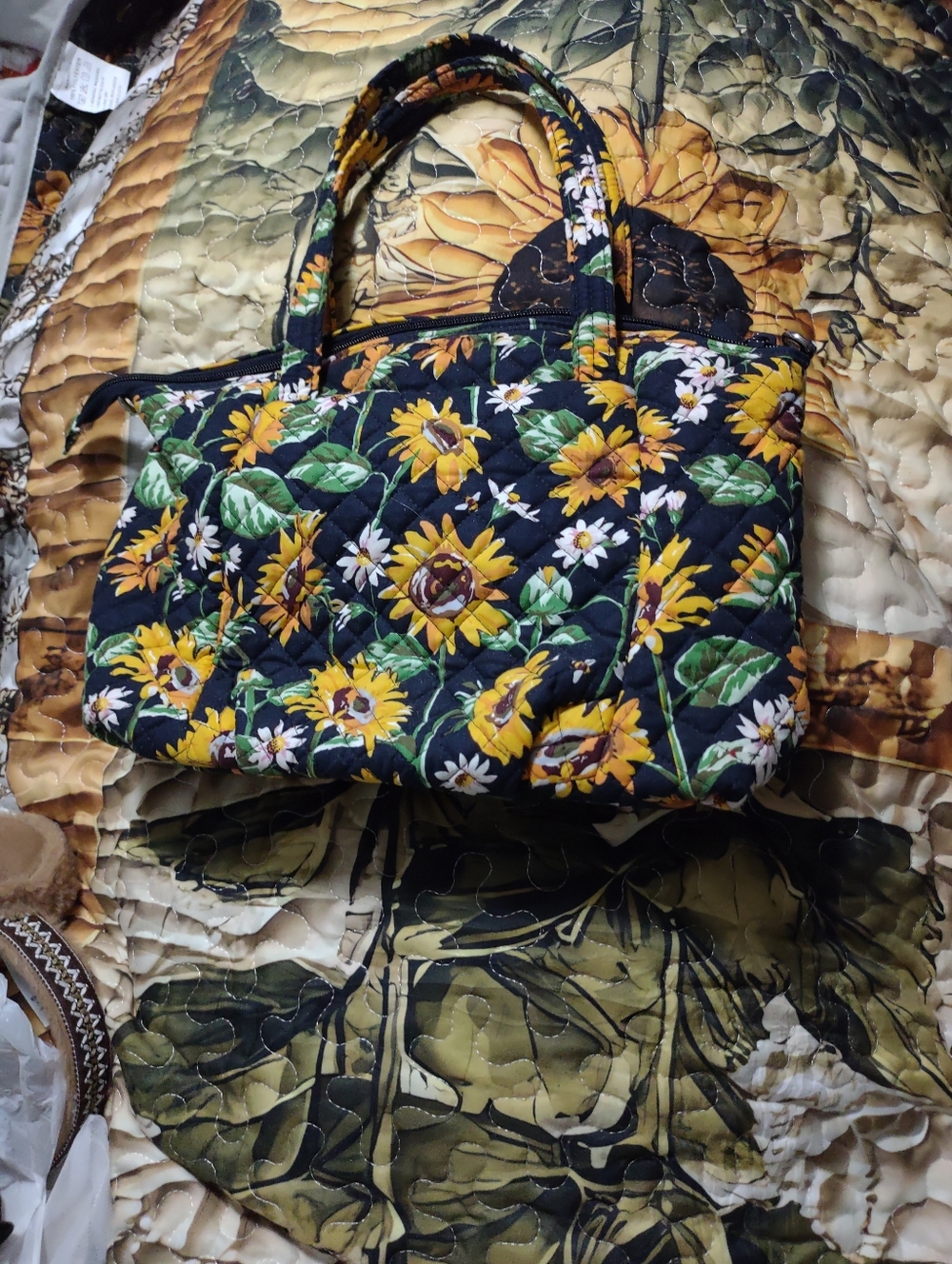 Floral Quilted Tote Bag - Yellow Sunflower on Black. Vere Bradley.